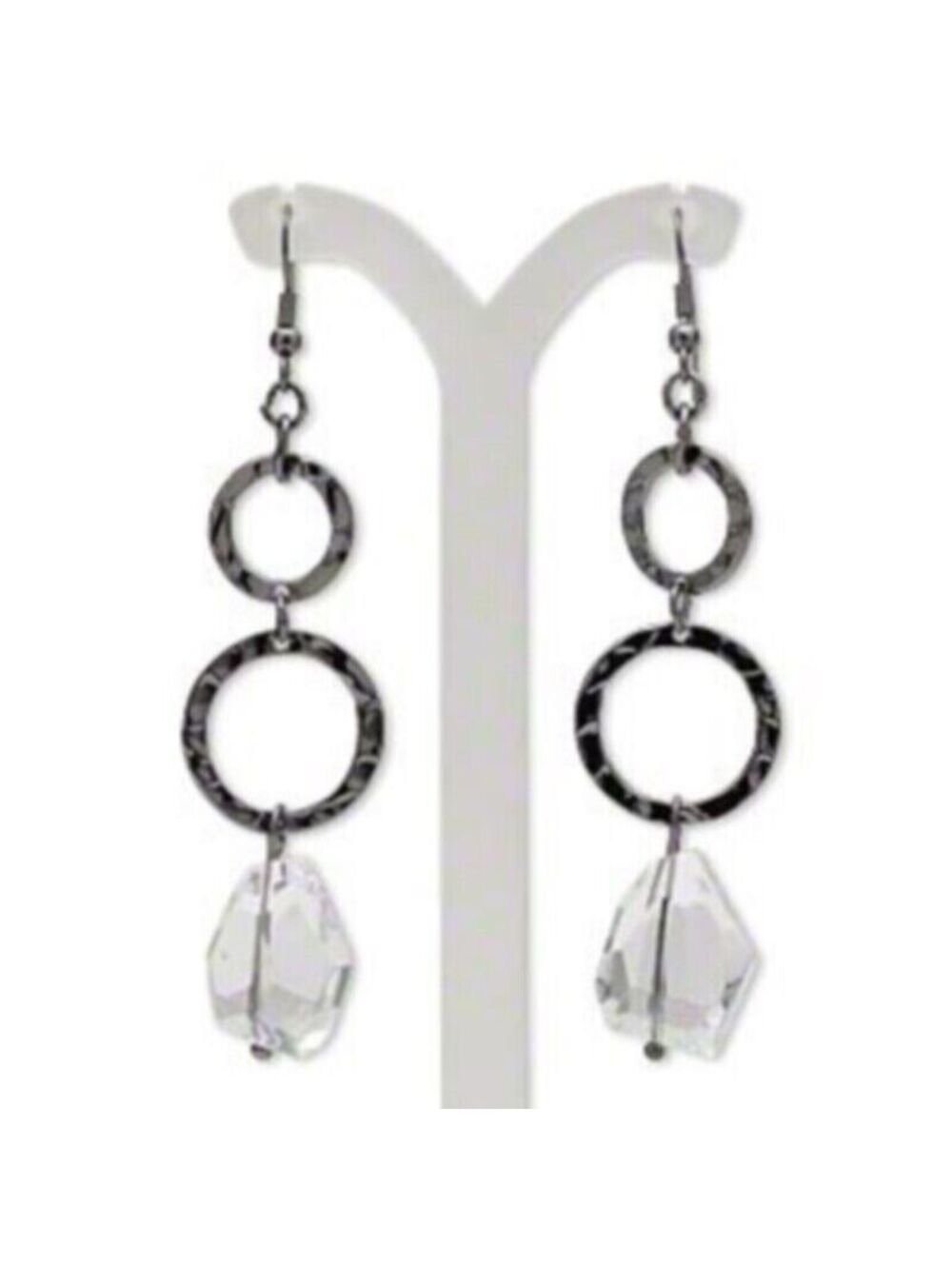 Baroque Artisan Gunmetal Hammered Circles and Clear Lucite Dangle Earrings
